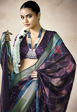 Digital Printed Art Silk Saree in Purple