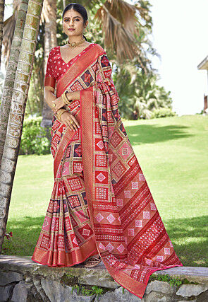 Digital Printed Art Silk Saree in Red