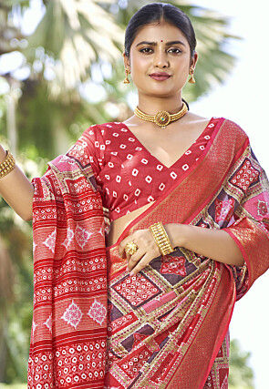 Digital Printed Art Silk Saree in Red