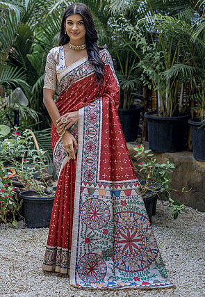 Digital Printed Art Silk Saree in Red