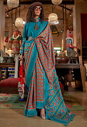Digital Printed Art Silk Saree in Rust