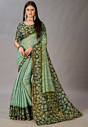 Digital Printed Art Silk Saree in Sea Green