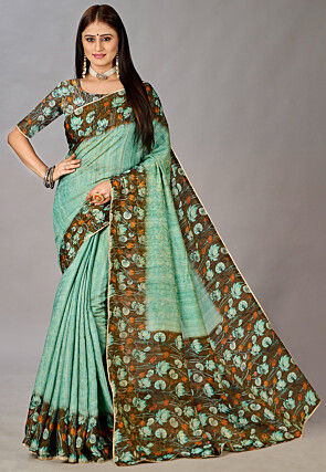 Digital Printed Art Silk Saree in Sea Green