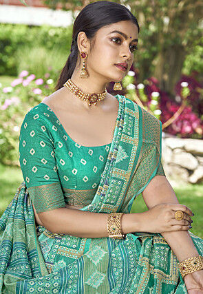 Digital Printed Art Silk Saree in Sea Green