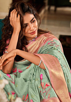 Digital Printed Art Silk Saree in Sea Green