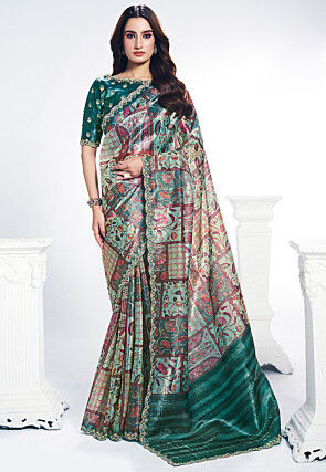 Digital Printed Art Silk Saree in Sea Green