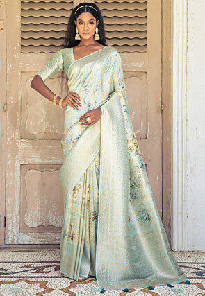 Digital Printed Art Silk Saree in Sea Green