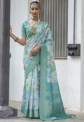 Digital Printed Art Silk Saree in Sea Green