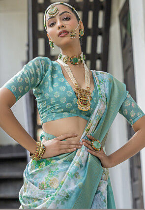 Digital Printed Art Silk Saree in Sea Green