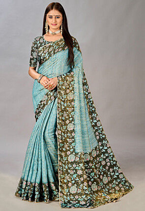 Digital Printed Art Silk Saree in Sky Blue and Olive Green
