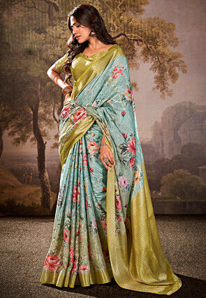 Digital Printed Art Silk Saree in Sky Blue