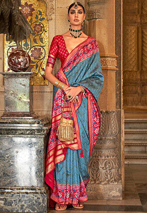 Digital Printed Art Silk Saree in Sky Blue