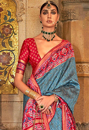 Digital Printed Art Silk Saree in Sky Blue
