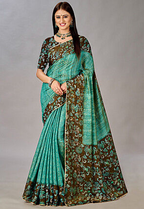 Digital Printed Art Silk Saree in Teal Blue