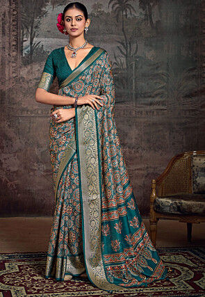 Digital Printed Art Silk Saree in Teal Blue