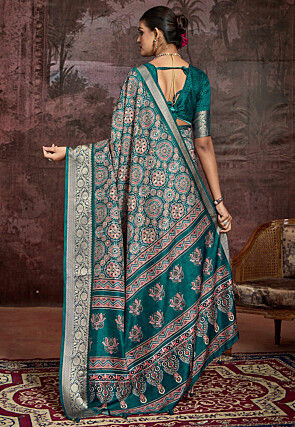 Digital Printed Art Silk Saree in Teal Blue