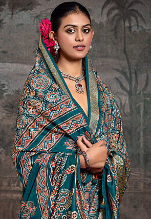 Digital Printed Art Silk Saree in Teal Blue