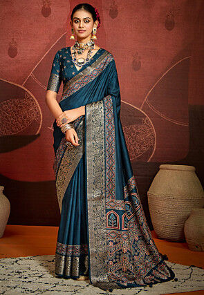 Digital Printed Art Silk Saree in Teal Blue