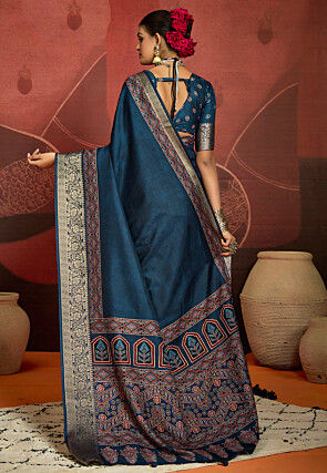 Digital Printed Art Silk Saree in Teal Blue