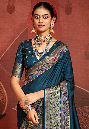Digital Printed Art Silk Saree in Teal Blue