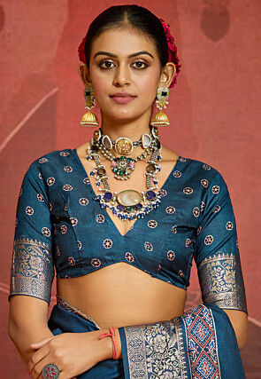 Digital Printed Art Silk Saree in Teal Blue