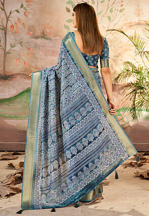 Digital Printed Art Silk Saree in Teal Blue