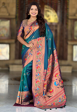 Digital Printed Art Silk Saree in Teal Blue