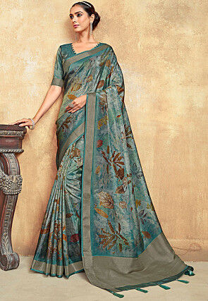 Digital Printed Art Silk Saree in Teal Blue