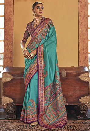 Digital Printed Art Silk Saree in Teal Blue