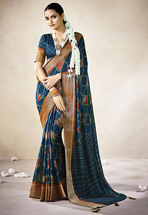 Digital Printed Art Silk Saree in Teal Blue