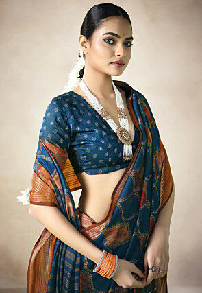 Digital Printed Art Silk Saree in Teal Blue