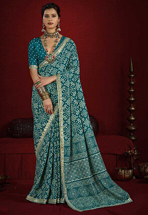 Digital Printed Art Silk Saree in Teal Blue