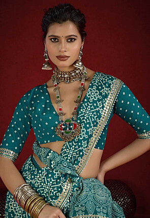 Digital Printed Art Silk Saree in Teal Blue