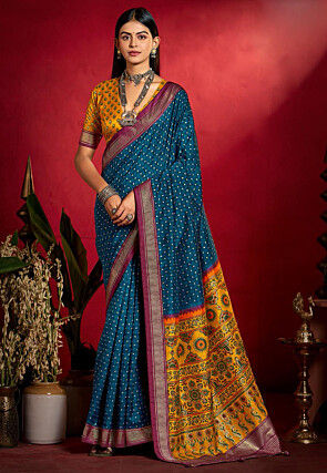Digital Printed Art Silk Saree in Teal Blue