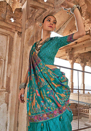 Digital Printed Art Silk Saree in Teal Blue