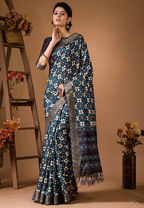 Digital Printed Art Silk Saree in Teal Blue
