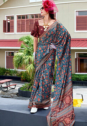 Digital Printed Art Silk Saree in Teal Blue