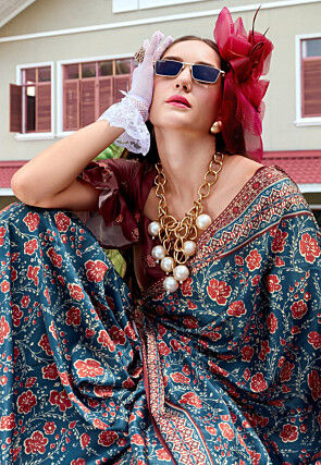 Digital Printed Art Silk Saree in Teal Blue
