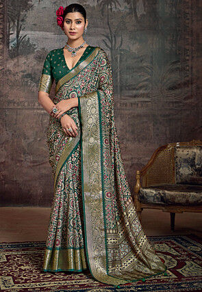 Digital Printed Art Silk Saree in Teal Green