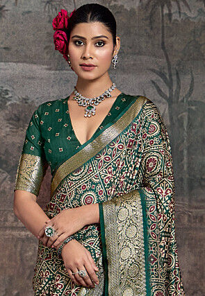 Digital Printed Art Silk Saree in Teal Green