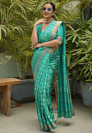 Digital Printed Art Silk Saree in Teal Green