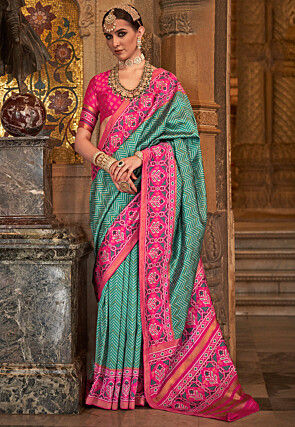 Digital Printed Art Silk Saree in Teal Green