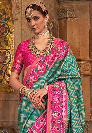 Digital Printed Art Silk Saree in Teal Green