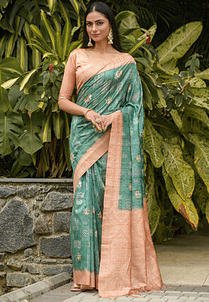 Digital Printed Art Silk Saree in Teal Green