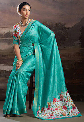 Digital Printed Art Silk Saree in Teal Green