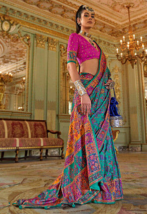 Digital Printed Art Silk Saree in Teal Green
