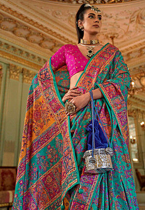 Digital Printed Art Silk Saree in Teal Green