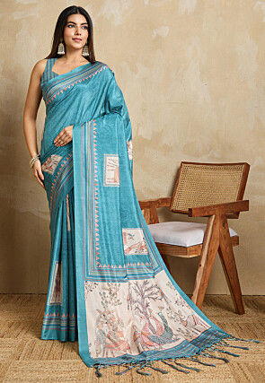 Digital Printed Art Silk Saree in Turquoise