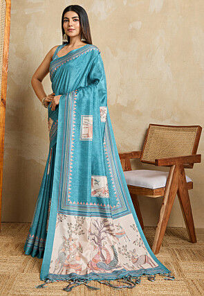 Digital Printed Art Silk Saree in Turquoise