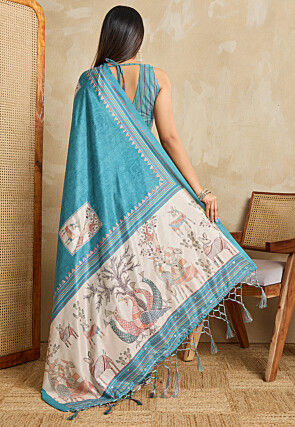 Digital Printed Art Silk Saree in Turquoise